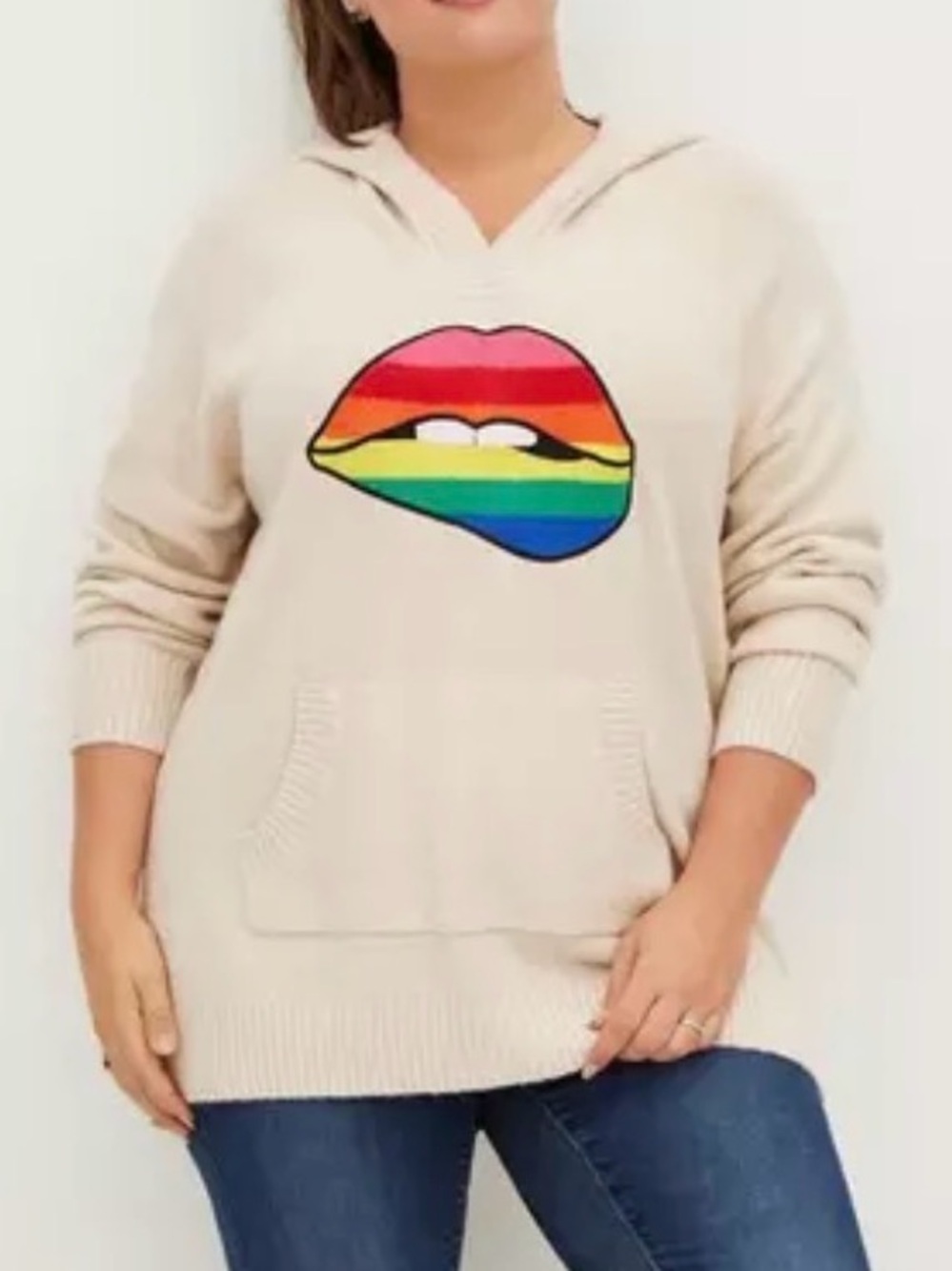 Torrid Raglan Rainbow Lips Oatmeal Hoodie Sweater